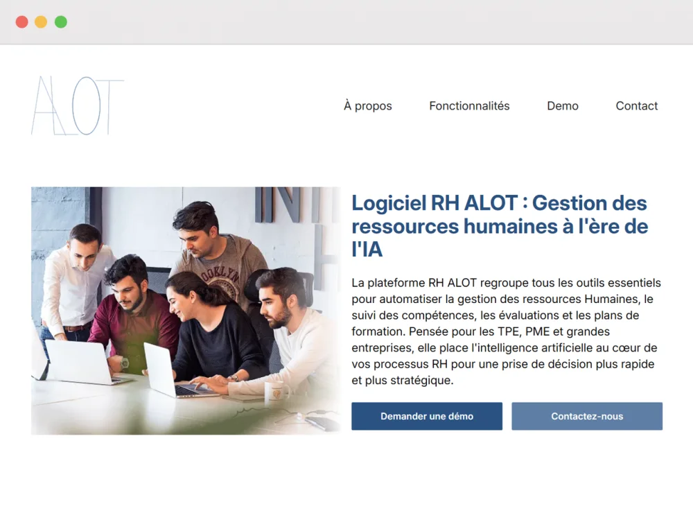 The ALOT home page, introducing the HR platform for the age of AI above a demo request