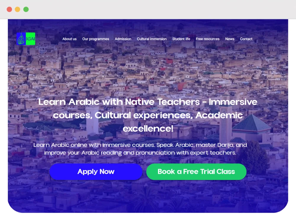The Ibn Ghazi Arabic Institute home page, its hero set over a Moroccan cityscape with apply and trial class links