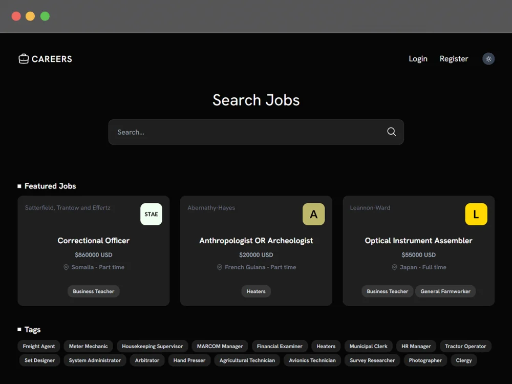 The Careers job board in dark mode, featured vacancies above a row of role tags