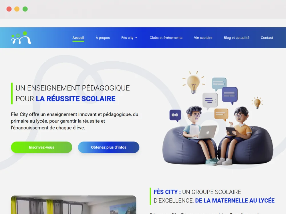 The Fes City Group home page, presenting a school group running from nursery through to the lycee