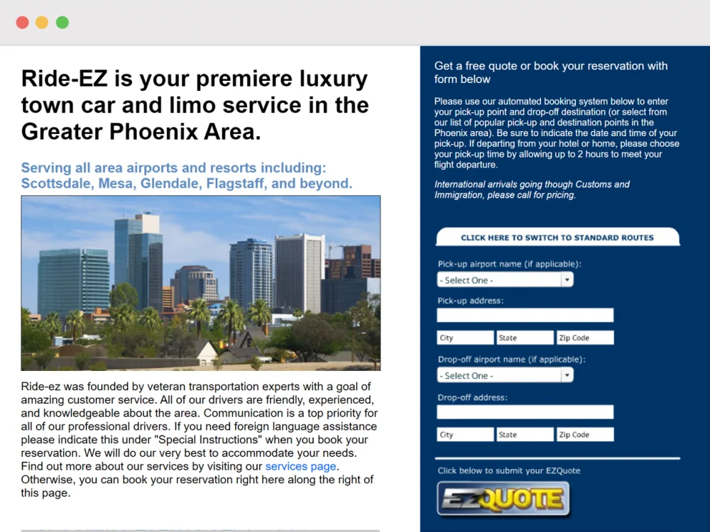 The archived Ride-EZ home page: the Phoenix skyline and service copy beside a blue quote panel ending in an EZQuote button