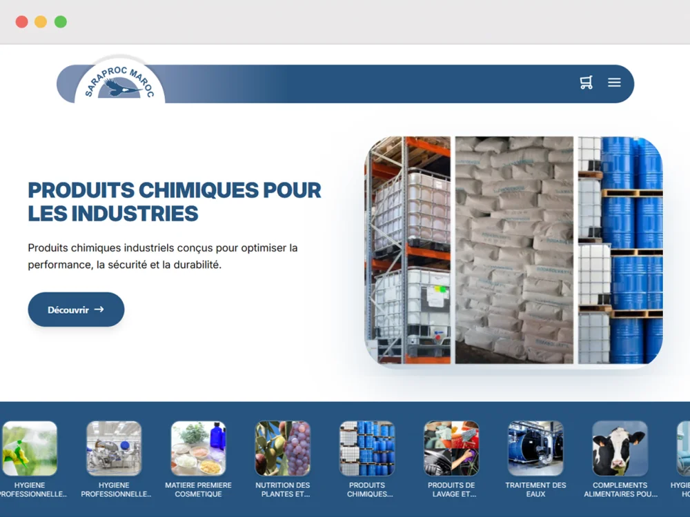 La page d'accueil de Saraproc, la chimie industrielle au-dessus d'un bandeau des secteurs qu'elle fournit