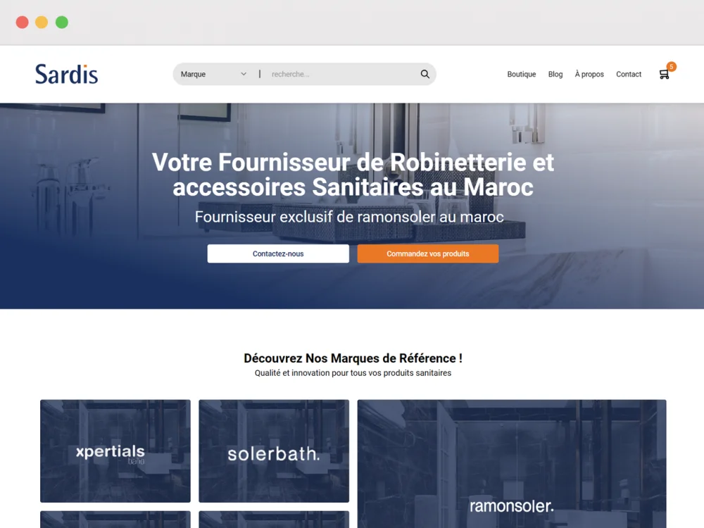 La page d'accueil de Sardis, un fournisseur marocain de sanitaire au-dessus des marques qu'il distribue