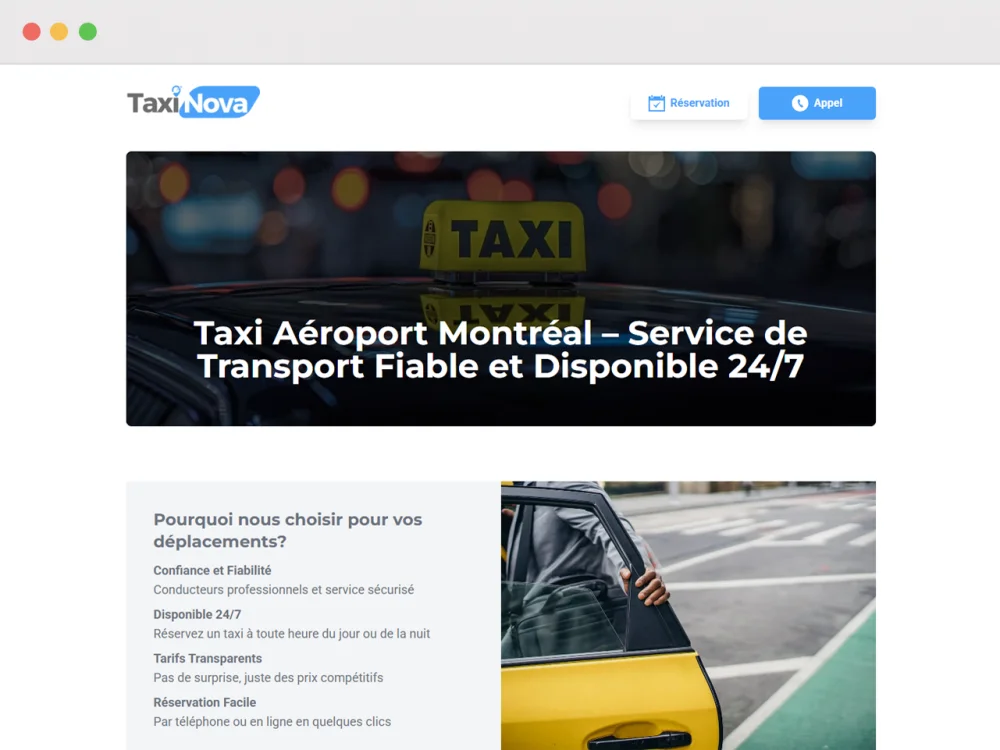 The Taxinova home page, a Montreal airport taxi service offered around the clock