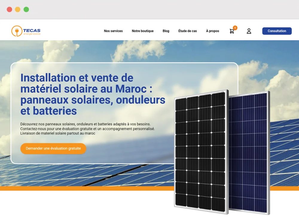 The Tecas Solar home page, panels, inverters and batteries offered with a free assessment